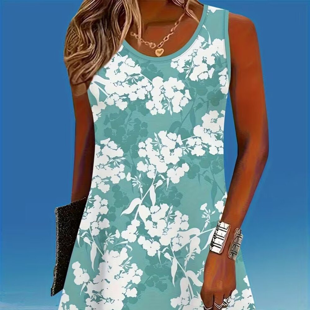 Teal and White Floral Sleeveless Dress